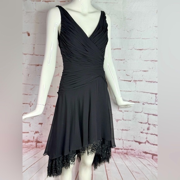 TADASHI S Petite Black Chiffon Pin Tucked Hi Lo Ruched  Cocktail Party Dress - Picture 12 of 15